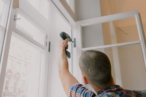 A man is using a power drill to fix or install a window frame in a room with bright natural light coming through.